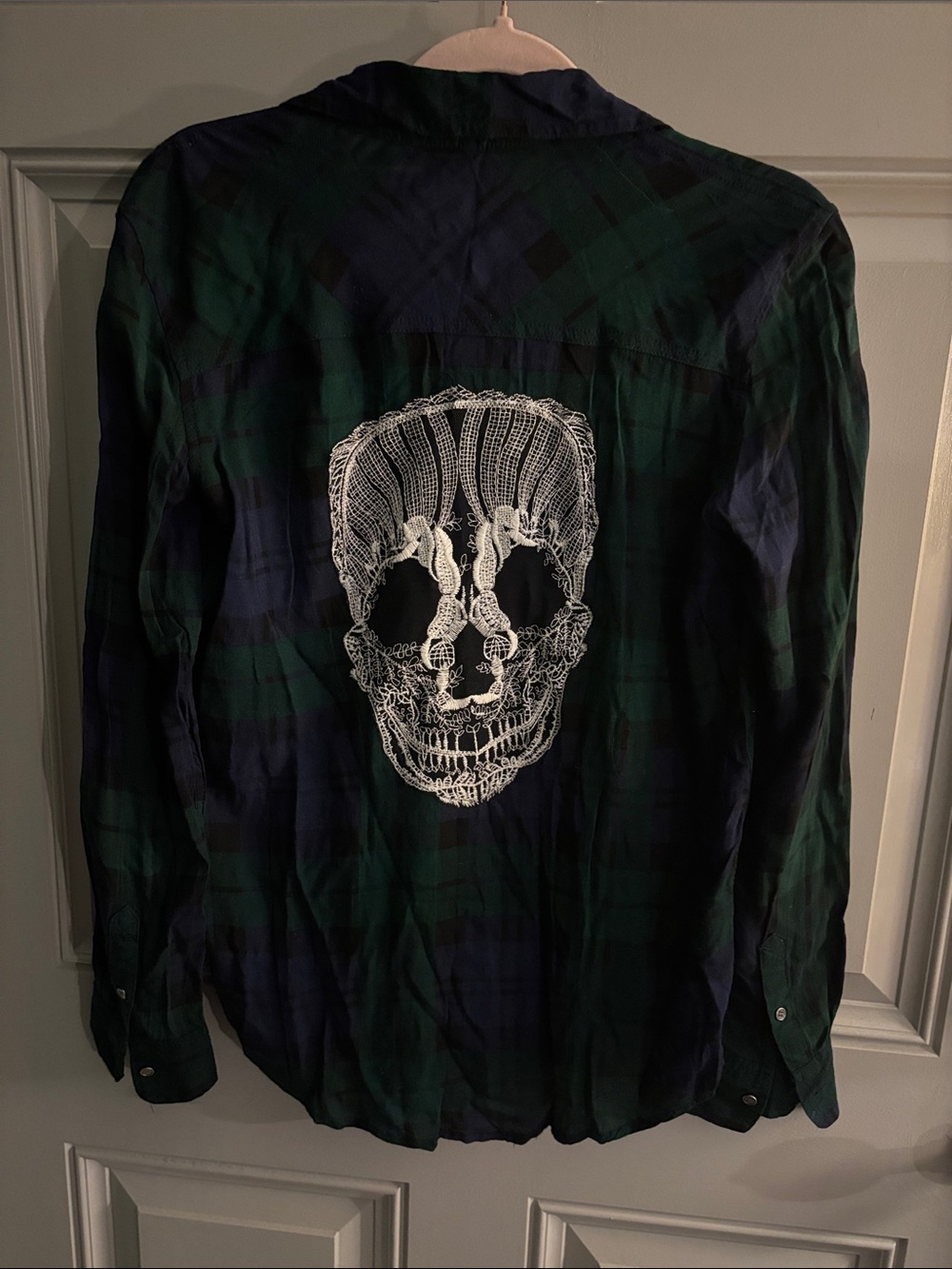 Bethany Mota Green & Navy Plaid Shirt with White Skull Embroidery